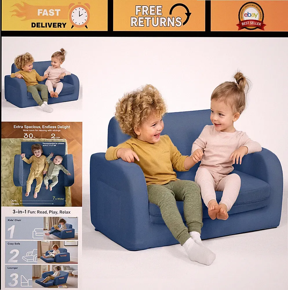 3-in-1 Extra Wide Convertible Kids Couch, Flip Open Toddler Couch to Lounger