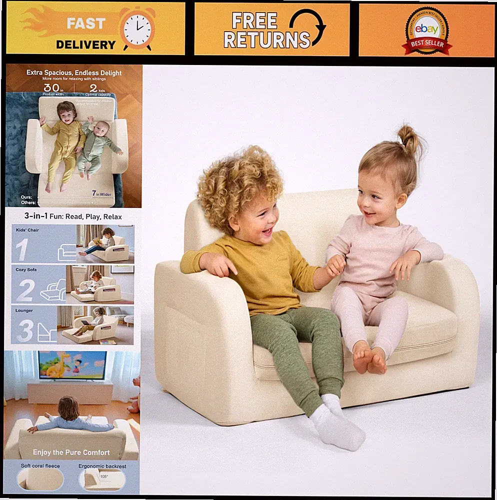 Extra Wide 3-in-1 Convertible Kids Couch, Flip Open Lounger & Comfy Chair, Beige