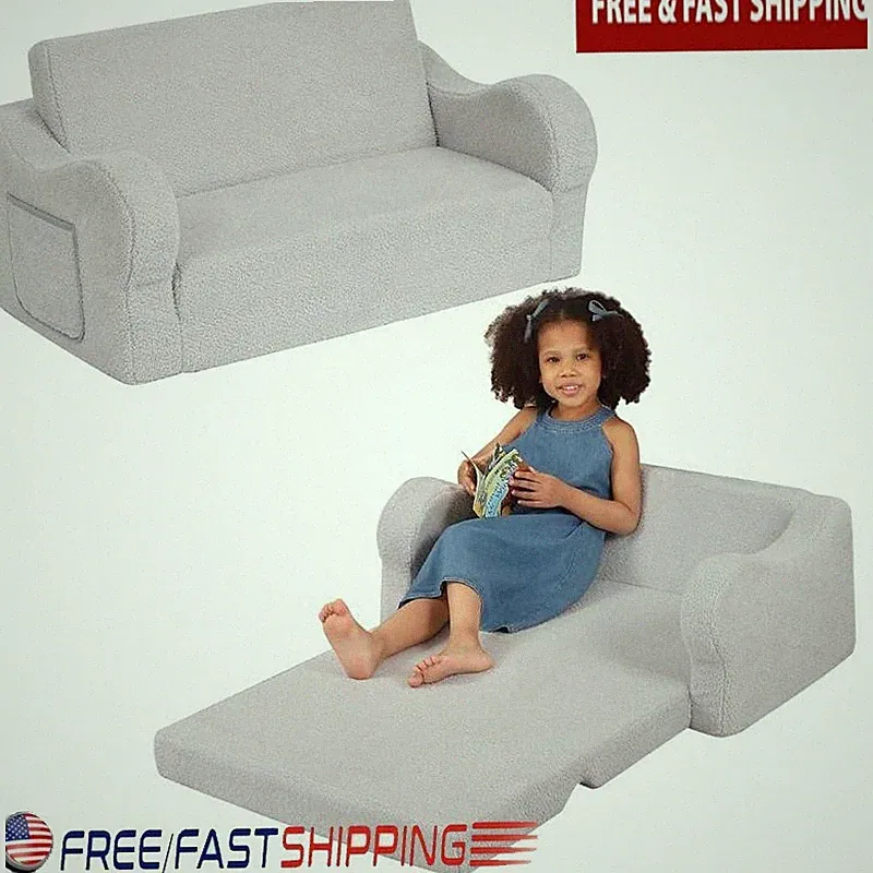 Extra Wide Toddler Couch 2-In-1 Flip Sofa Lounge Kids Portable Soft Recliner New