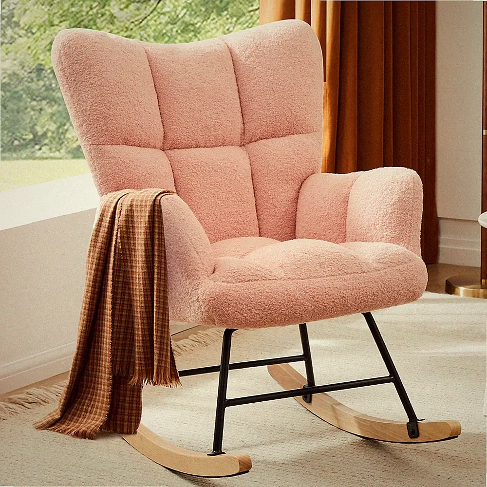 Rocking Chair Soft Glider Accent Armchair Teddy Padded Rocker Wide Backrest